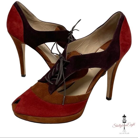 BARNEYS New York Suede Leather Colorblock Lace Up Peep Toe Heels Pumps 8.5 - Picture 11 of 16